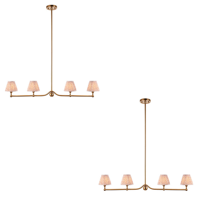 2 PACK Hanging Ceiling Pendant Light - Brushed aged brass plate & peachy keen fabric - 4 x 7W LED B22