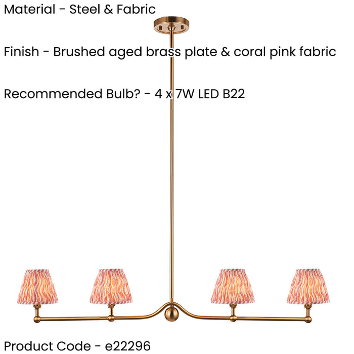 2 PACK Hanging Ceiling Pendant Light - Brushed aged brass plate & coral pink fabric - 4 x 7W LED B22