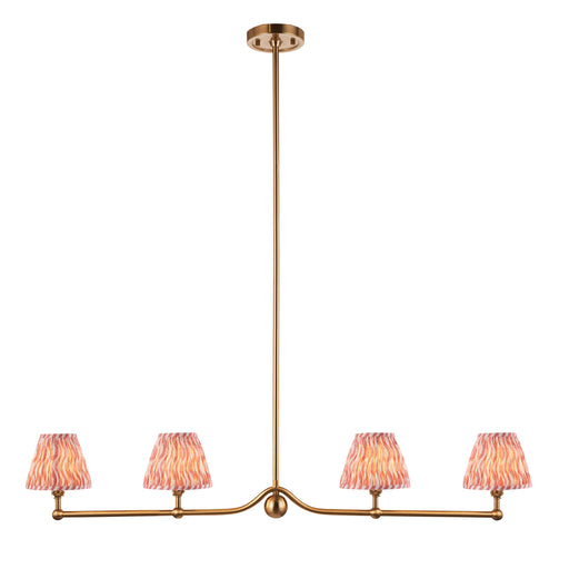 Hanging Ceiling Pendant Light - Brushed aged brass plate & coral pink fabric - 4 x 7W LED B22