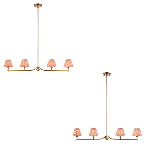2 PACK Hanging Ceiling Pendant Light - Brushed aged brass plate & coral pink fabric - 4 x 7W LED B22