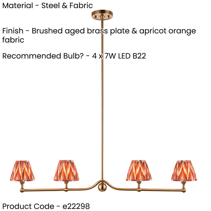 2 PACK Hanging Ceiling Pendant Light - Brushed aged brass plate & apricot orange fabric - 4 x 7W LED B22