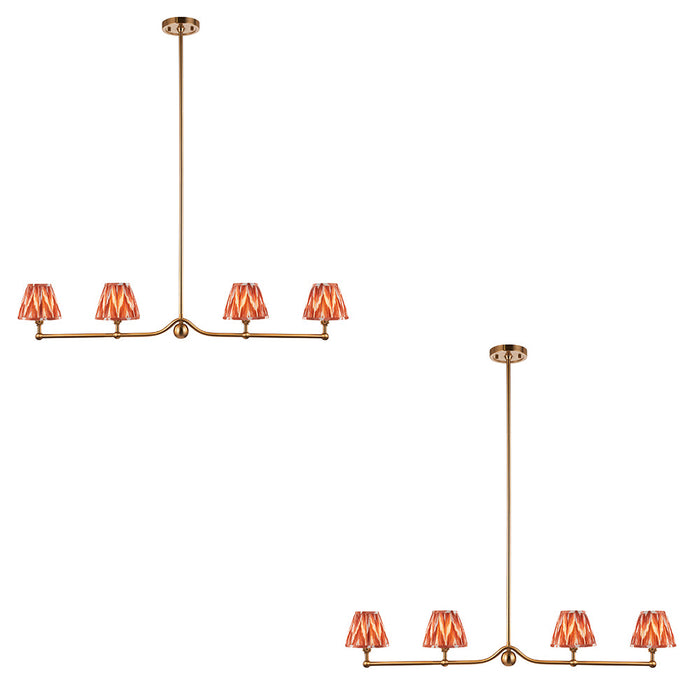 2 PACK Hanging Ceiling Pendant Light - Brushed aged brass plate & apricot orange fabric - 4 x 7W LED B22