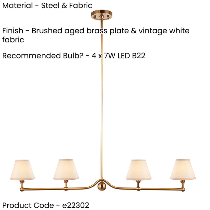 2 PACK Hanging Ceiling Pendant Light - Brushed aged brass plate & vintage white fabric - 4 x 7W LED B22