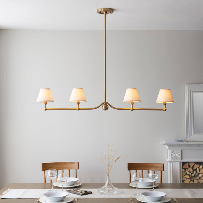 Hanging Ceiling Pendant Light - Brushed aged brass plate & vintage white fabric - 4 x 7W LED B22