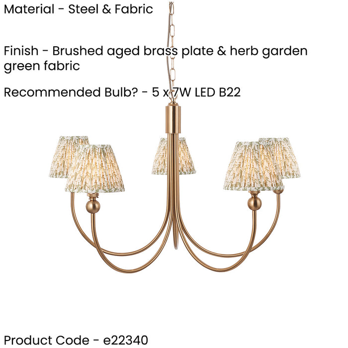Hanging Ceiling Pendant Light - Brushed aged brass plate & herb garden green fabric - 5 x 7W LED B22