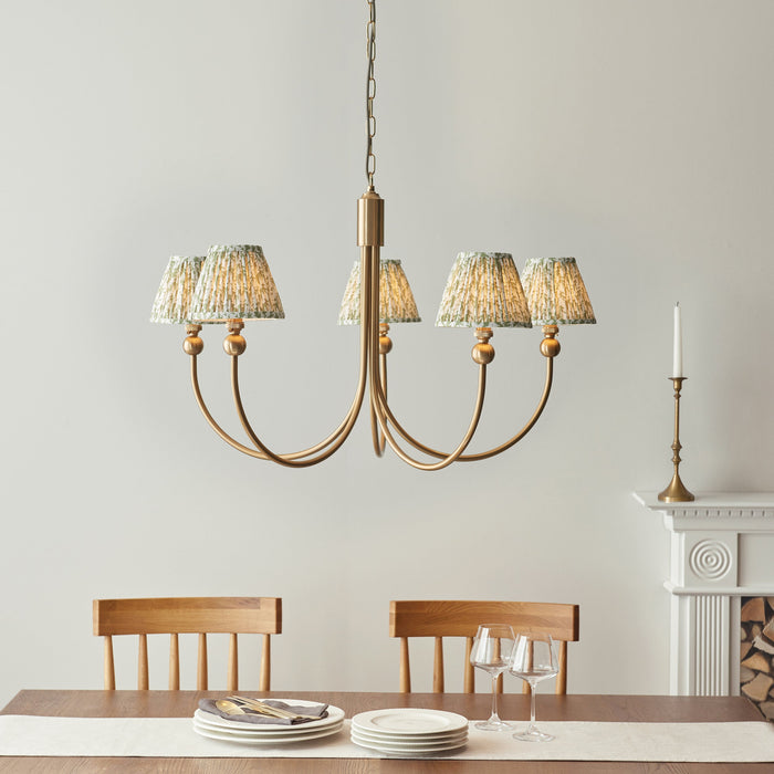 Hanging Ceiling Pendant Light - Brushed aged brass plate & herb garden green fabric - 5 x 7W LED B22