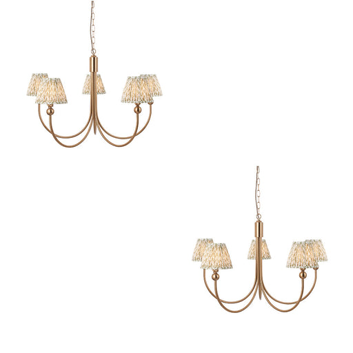 2 PACK Hanging Ceiling Pendant Light - Brushed aged brass plate & herb garden green fabric - 5 x 7W LED B22