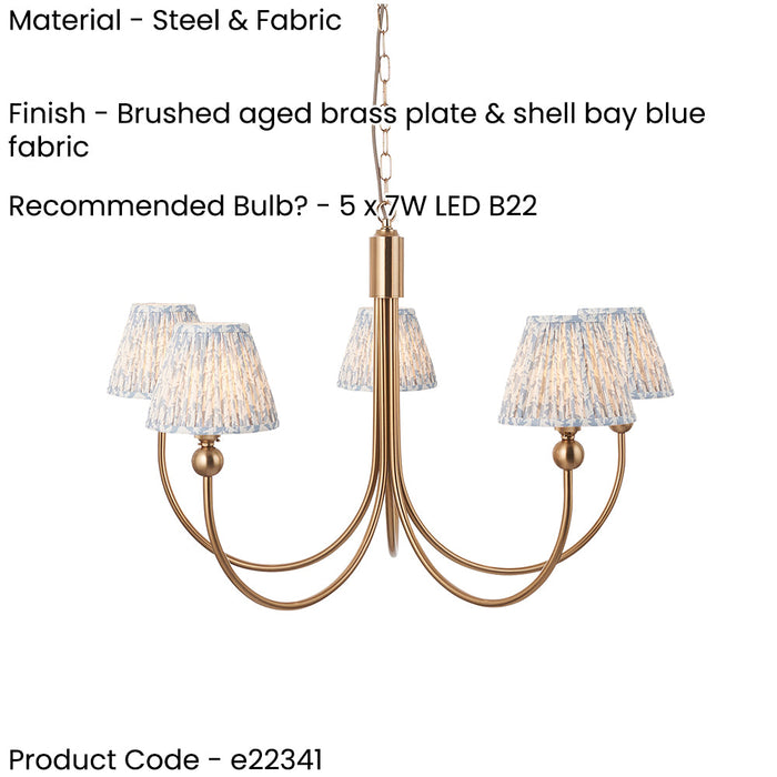 2 PACK Hanging Ceiling Pendant Light - Brushed aged brass plate & shell bay blue fabric - 5 x 7W LED B22