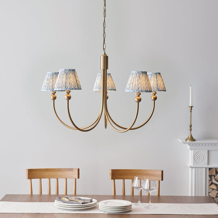 2 PACK Hanging Ceiling Pendant Light - Brushed aged brass plate & shell bay blue fabric - 5 x 7W LED B22