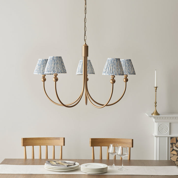 2 PACK Hanging Ceiling Pendant Light - Brushed aged brass plate & shell bay blue fabric - 5 x 7W LED B22