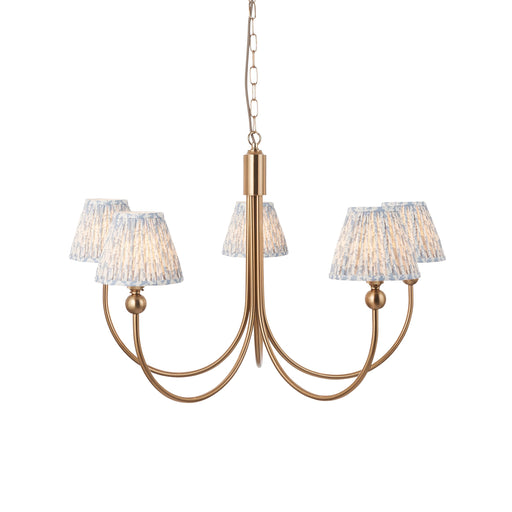 Hanging Ceiling Pendant Light - Brushed aged brass plate & shell bay blue fabric - 5 x 7W LED B22