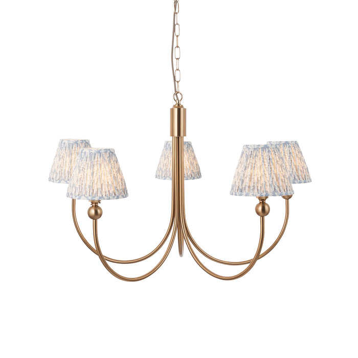 Hanging Ceiling Pendant Light - Brushed aged brass plate & shell bay blue fabric - 5 x 7W LED B22