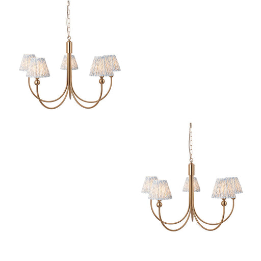 2 PACK Hanging Ceiling Pendant Light - Brushed aged brass plate & shell bay blue fabric - 5 x 7W LED B22