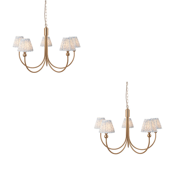 2 PACK Hanging Ceiling Pendant Light - Brushed aged brass plate & shell bay blue fabric - 5 x 7W LED B22