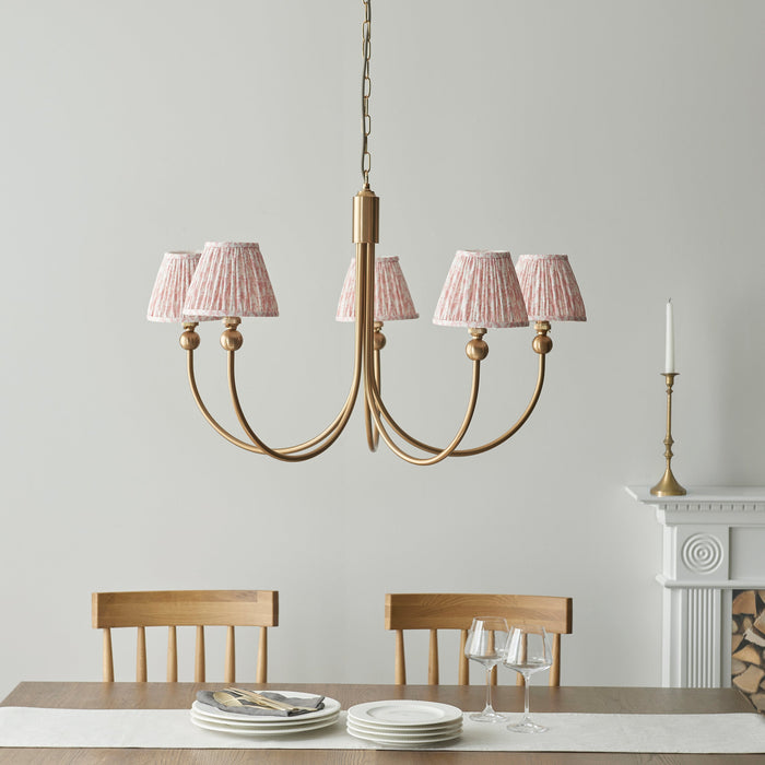 2 PACK Hanging Ceiling Pendant Light - Brushed aged brass plate & peachy keen fabric - 5 x 7W LED B22