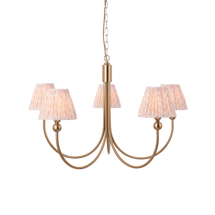 Hanging Ceiling Pendant Light - Brushed aged brass plate & peachy keen fabric - 5 x 7W LED B22