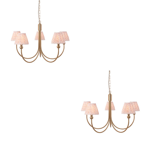 2 PACK Hanging Ceiling Pendant Light - Brushed aged brass plate & peachy keen fabric - 5 x 7W LED B22
