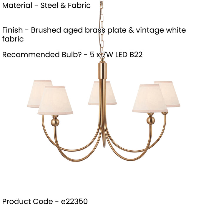 2 PACK Hanging Ceiling Pendant Light - Brushed aged brass plate & vintage white fabric - 5 x 7W LED B22