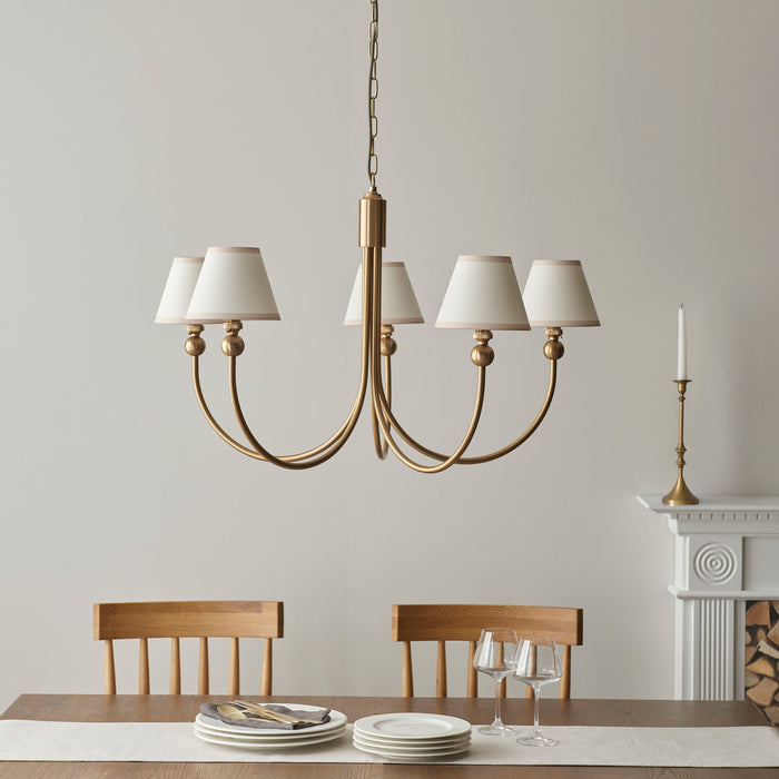Hanging Ceiling Pendant Light - Brushed aged brass plate & vintage white fabric - 5 x 7W LED B22