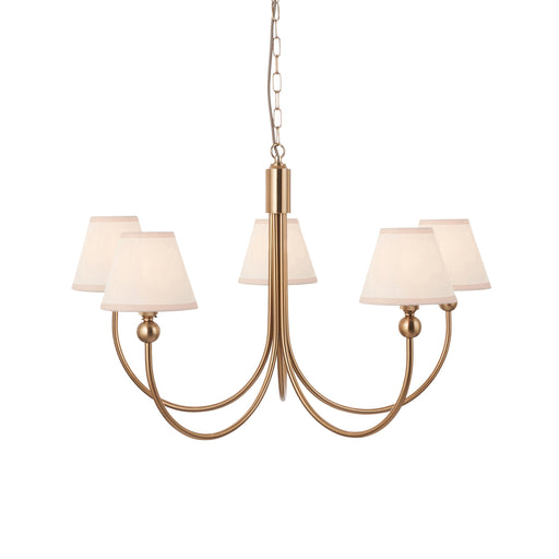 Hanging Ceiling Pendant Light - Brushed aged brass plate & vintage white fabric - 5 x 7W LED B22