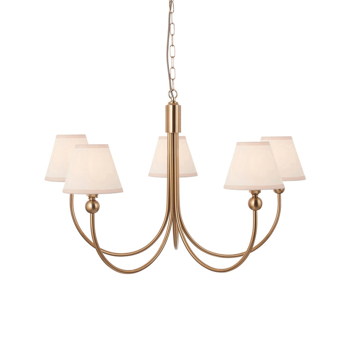 Hanging Ceiling Pendant Light - Brushed aged brass plate & vintage white fabric - 5 x 7W LED B22