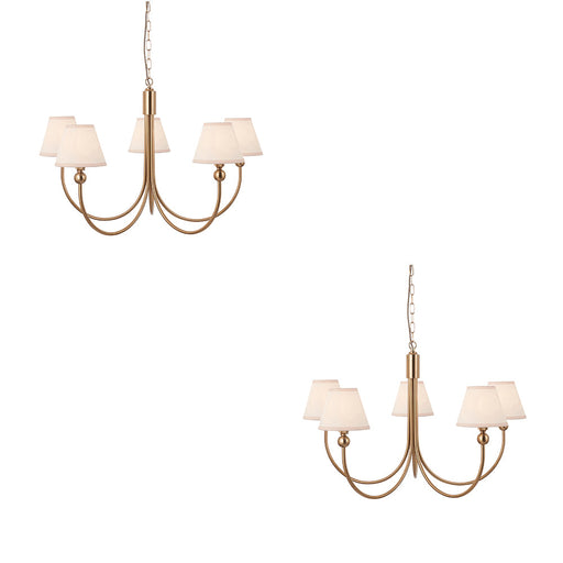 2 PACK Hanging Ceiling Pendant Light - Brushed aged brass plate & vintage white fabric - 5 x 7W LED B22
