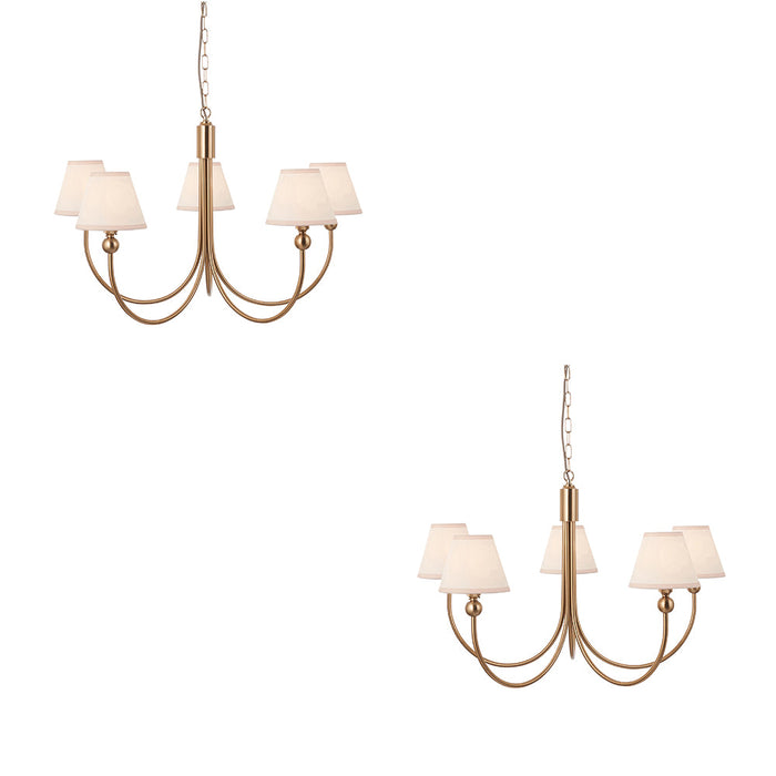 2 PACK Hanging Ceiling Pendant Light - Brushed aged brass plate & vintage white fabric - 5 x 7W LED B22