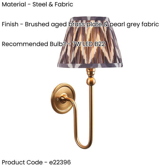 Dimmable Wall Light - Brushed aged brass plate & pearl grey fabric Shade - Elegant Curved Arm