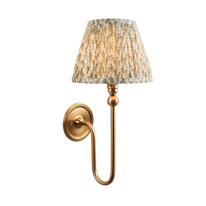 Dimmable Wall Light - Brushed aged brass plate & herb garden green fabric Shade - Elegant Curved Arm