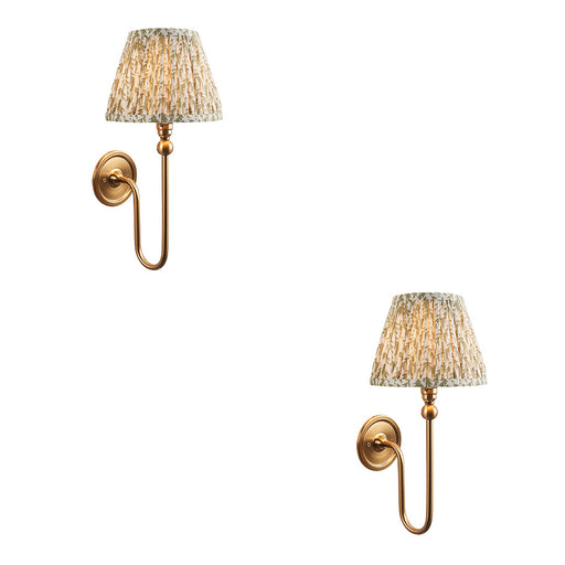 2 PACK Dimmable Wall Light - Brushed aged brass plate & herb garden green fabric Shade - Elegant Curved Arm