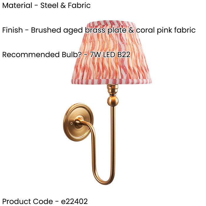 Dimmable Wall Light - Brushed aged brass plate & coral pink fabric Shade - Elegant Curved Arm