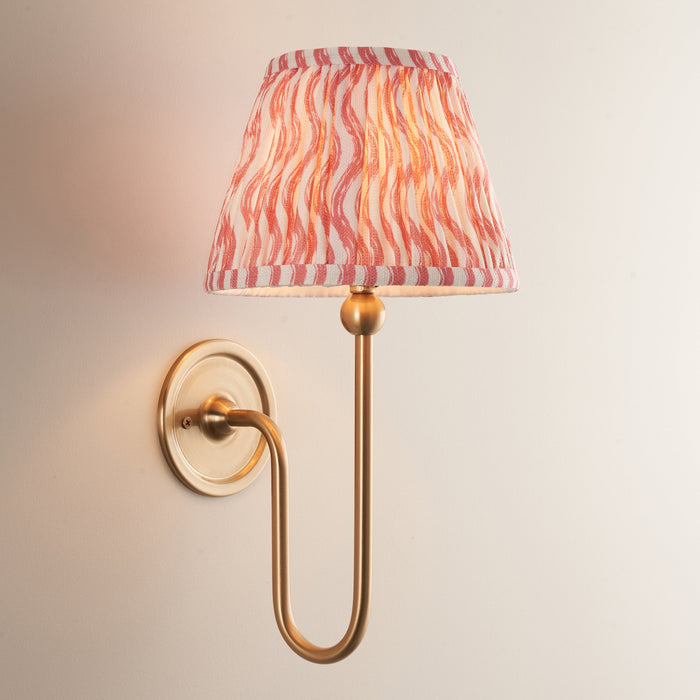 Dimmable Wall Light - Brushed aged brass plate & coral pink fabric Shade - Elegant Curved Arm
