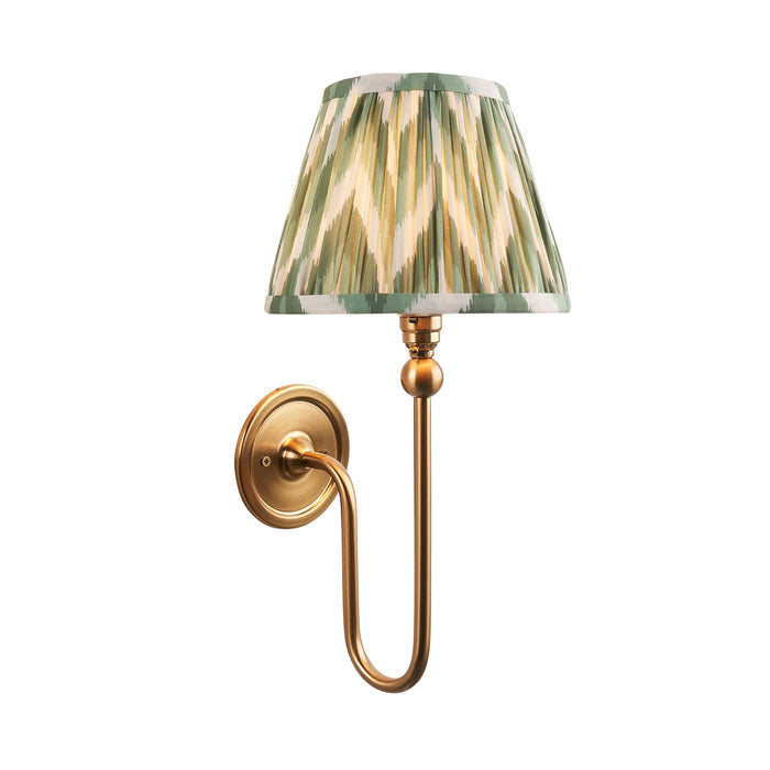 Dimmable Wall Light - Brushed aged brass plate & cotswold green fabric Shade - Elegant Curved Arm