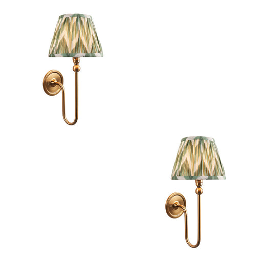 2 PACK Dimmable Wall Light - Brushed aged brass plate & cotswold green fabric Shade - Elegant Curved Arm