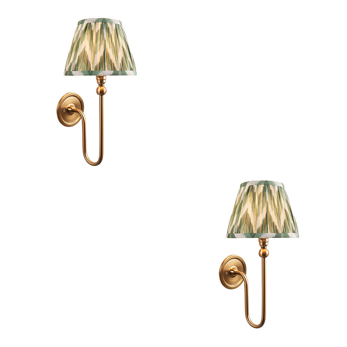 2 PACK Dimmable Wall Light - Brushed aged brass plate & cotswold green fabric Shade - Elegant Curved Arm