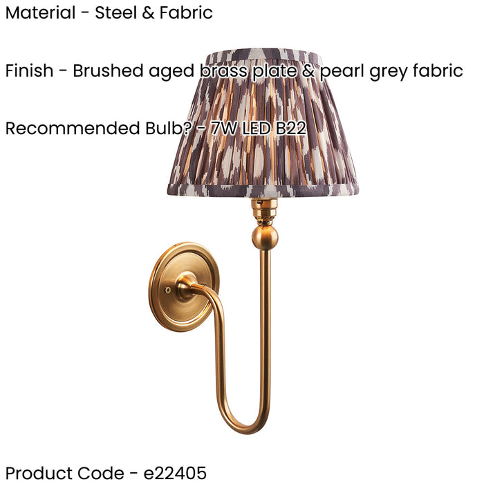 2 PACK Dimmable Wall Light - Brushed aged brass plate & pearl grey fabric Shade - Elegant Curved Arm