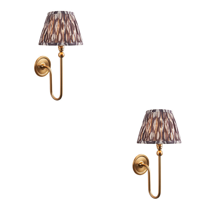 2 PACK Dimmable Wall Light - Brushed aged brass plate & pearl grey fabric Shade - Elegant Curved Arm