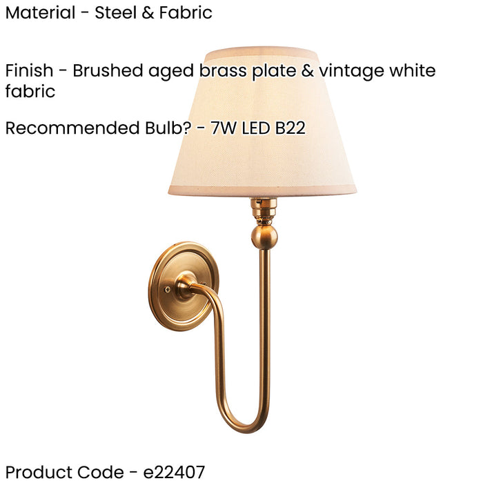 2 PACK Dimmable Wall Light - Brushed aged brass plate & vintage white fabric Shade - Elegant Curved Arm