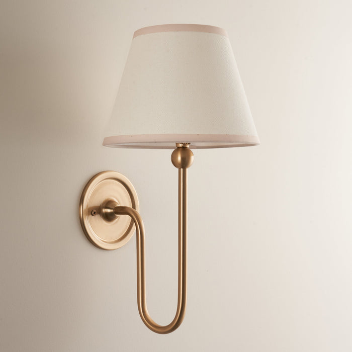 2 PACK Dimmable Wall Light - Brushed aged brass plate & vintage white fabric Shade - Elegant Curved Arm