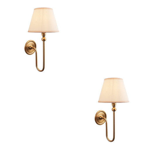 2 PACK Dimmable Wall Light - Brushed aged brass plate & vintage white fabric Shade - Elegant Curved Arm