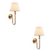 2 PACK Dimmable Wall Light - Brushed aged brass plate & vintage white fabric Shade - Elegant Curved Arm