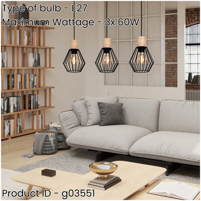 Stylish Modern Black and Brown Triple Pendant Ceiling Light for Contemporary Interiors