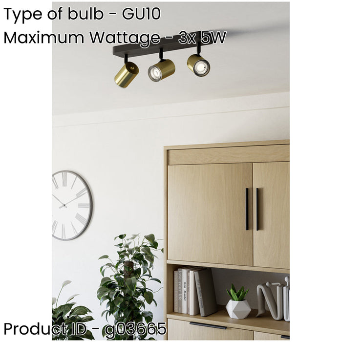 Stylish Black and Brushed Brass Triple LED Ceiling Spotlight for Modern Bathrooms