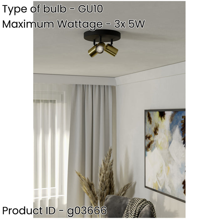 Stylish Black and Brushed Brass Triple Round LED Ceiling Spotlight for Modern Bathrooms