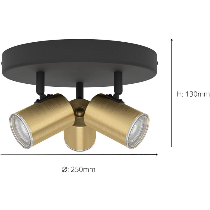 Stylish Black and Brushed Brass Triple Round LED Ceiling Spotlight for Modern Bathrooms