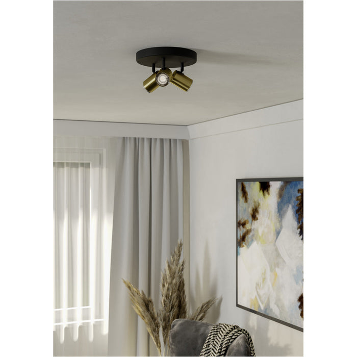 Stylish Black and Brushed Brass Triple Round LED Ceiling Spotlight for Modern Bathrooms