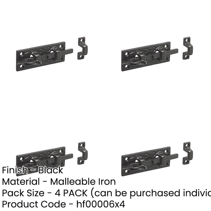 PACK Antique Black Straight Bolts 100mm Classic Hardware Timeless Designs Door Bolt Lock-1