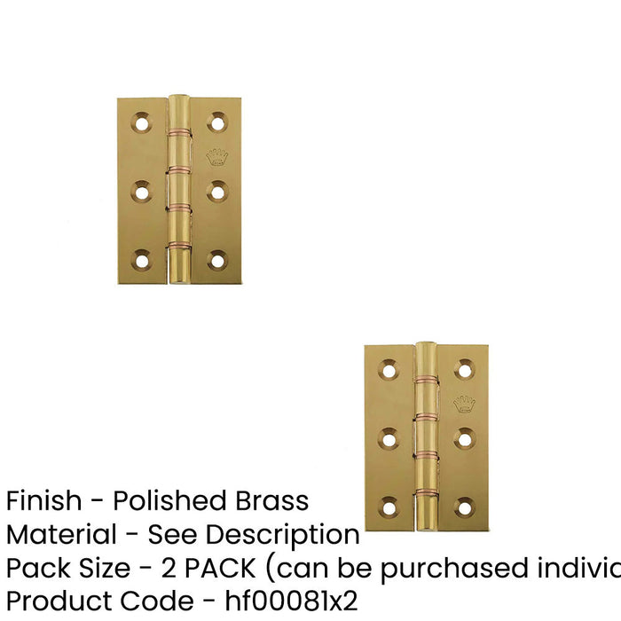 PACK Premium Double Phosphor Bronze Washered Hinge 76x50x3mm Polished Brass Finish Door Hinges (1)-1