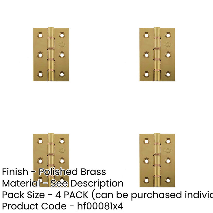 PACK Premium Double Phosphor Bronze Washered Hinge 76x50x3mm Polished Brass Finish Door Hinges-1