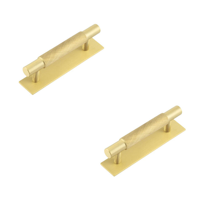 PACK Stylish Satin Brass Cabinet Handle with 96mm Ctrs Plain Backplate Kitchen Drawer Pull Handle (1)